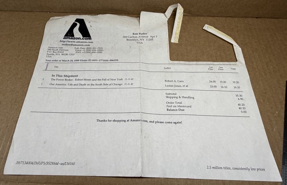1998 Amazon. com Receipt Robert Caro The Power Broker Early Dot Com memorabilia